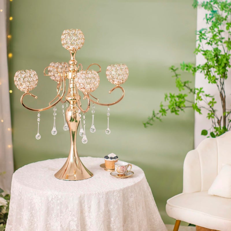 LANLONG Gold Centerpiece for Table, 25.6in Candle Holder for Table Centerpieces, 5Arms Tall Crystal Candelabra Candle Holder, Candelabra Centerpieces for Table Wedding Christmas Party Event - Image 3